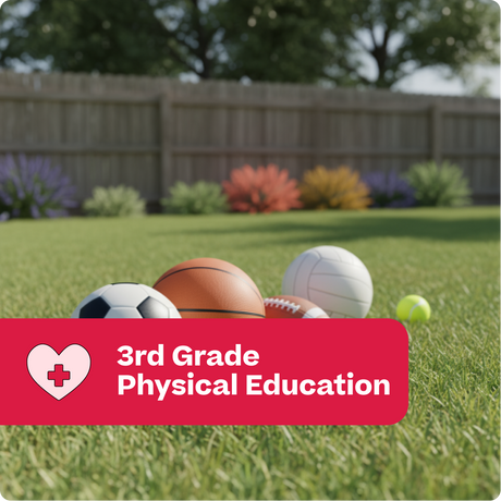 Sports balls on grass with '3rd Grade Physical Education' text overlay