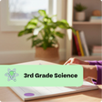 Person reading a book with a '3rd Grade Science' label in a home setting.