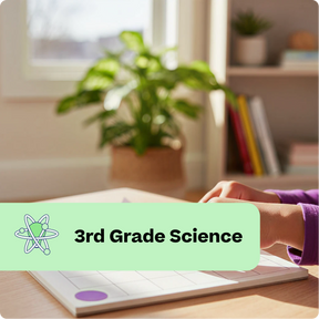 Person reading a book with a '3rd Grade Science' label in a home setting.