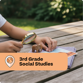 Child using a magnifying glass on a wooden table with educational materials, labeled '3rd Grade Social Studies'.