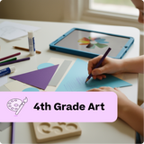 Children's art project with supplies and a tablet displaying an art project on a table.
