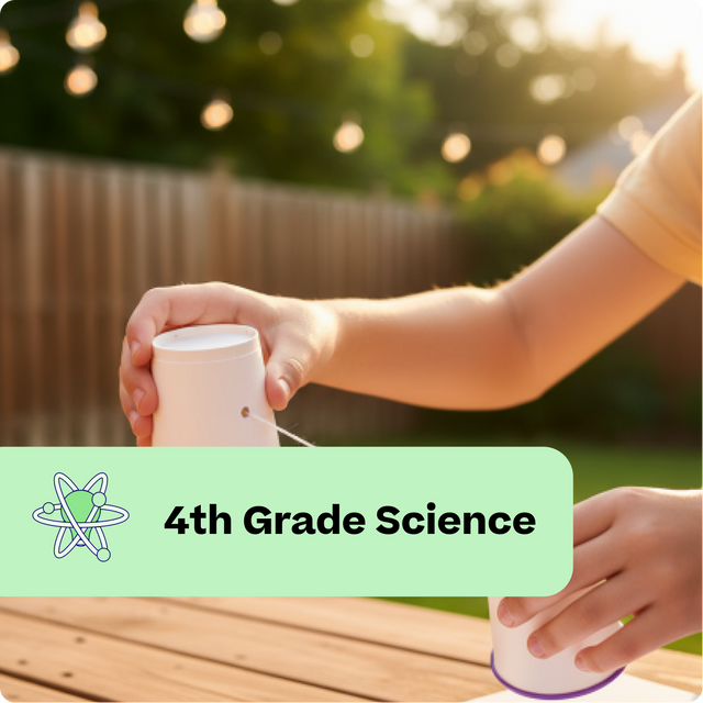 Two hands holding small cylindrical objects with a '4th Grade Science' label and atom icon.