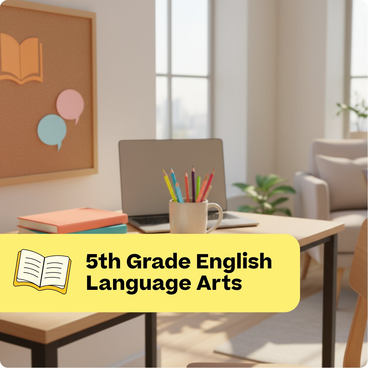 Study area with laptop, books, and colorful pencils on a table, labeled '5th Grade English Language Arts'.