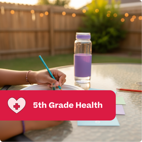 Person writing with a pen on paper outdoors, with a water bottle and colorful pencils.