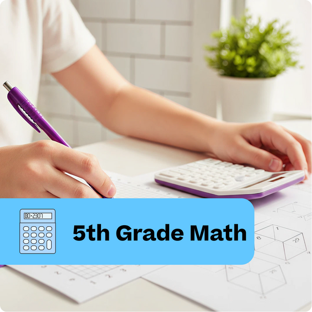 Person using a calculator and pen with '5th Grade Math' text overlay on a desk.