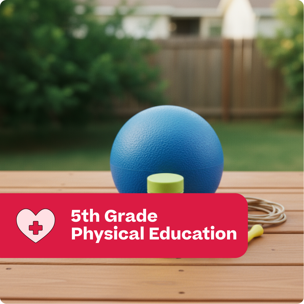 Blue exercise ball on a wooden surface with a '5th Grade Physical Education' label.