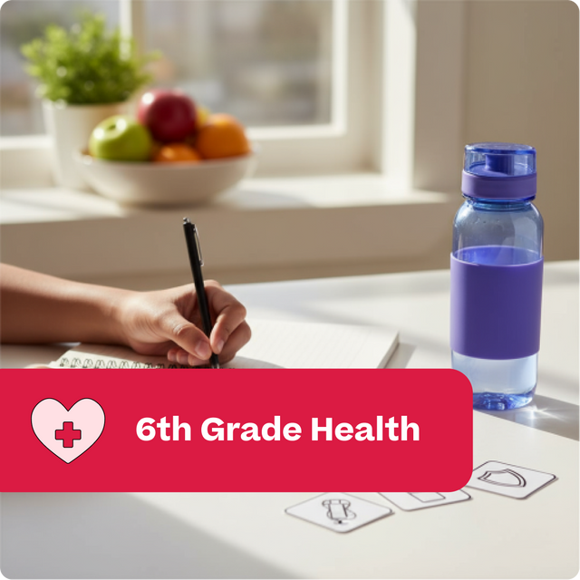 Person writing in a notebook with a water bottle on a table, labeled '6th Grade Health'.