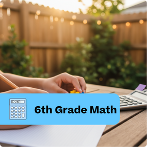 Person working on math problems with a calculator outdoors, labeled '6th Grade Math'.