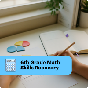 Person holding a pencil with educational materials and '6th Grade Math Skills Recovery' text overlay.