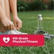 Person tying shoelaces on grass with a bottle and jump rope, labeled '6th Grade Physical Fitness'.