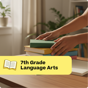 Hands arranging books on a table with '7th Grade Language Arts' text overlay.