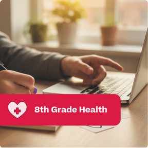 Person using a laptop with a '8th Grade Health' banner overlay