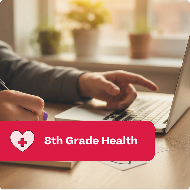 Person using a laptop with a '8th Grade Health' banner overlay