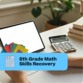 Person using a tablet with a calculator and books on a desk, labeled '8th Grade Math Skills Recovery'.