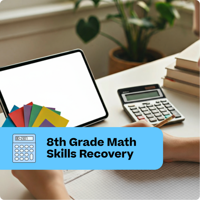 Person using a tablet with a calculator and books on a desk, labeled '8th Grade Math Skills Recovery'.