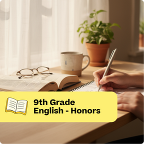 Person writing in a notebook with an open book and cup on a table, labeled '9th Grade English - Honors'.