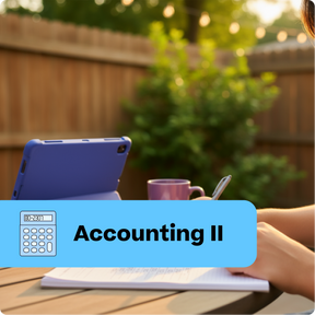 Person studying accounting II outdoors with a tablet, notebook, and calculator.