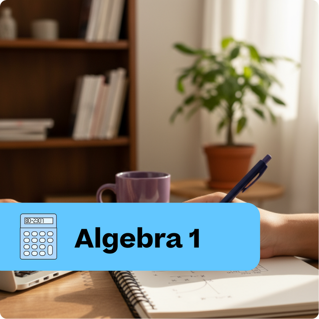 Person studying algebra with a calculator and notebook on a desk, with 'Algebra 1' text overlay.