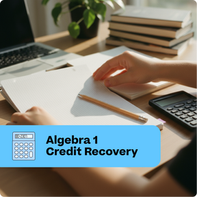 Person studying algebra with books, laptop, and calculator on a desk.