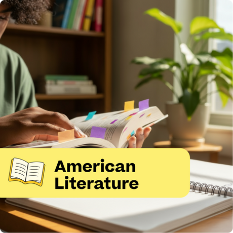 Person studying American Literature with colorful flags on a book, in a home setting with a plant and books.