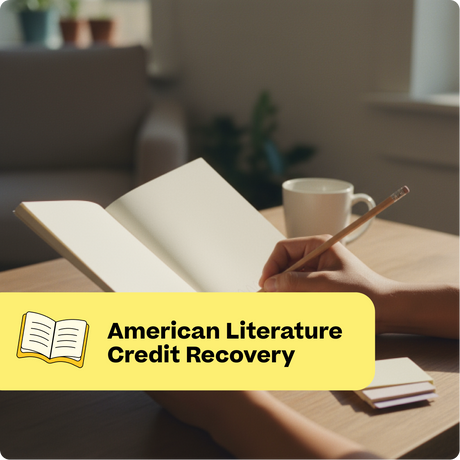 Person reading a book with a cup of coffee and a pen on a table, with 'American Literature Credit Recovery' text overlay.