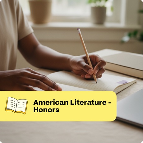 Person writing in a notebook with a pencil, labeled 'American Literature - Honors'.