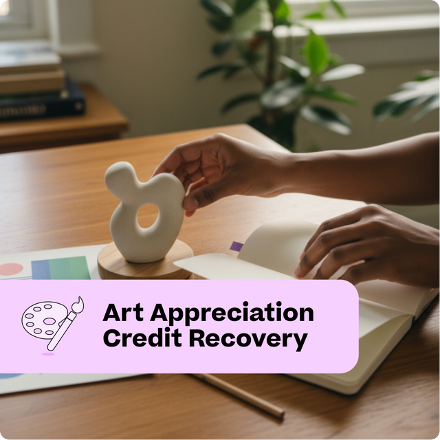 Person holding a small white sculpture on a wooden table with books and a plant in the background.