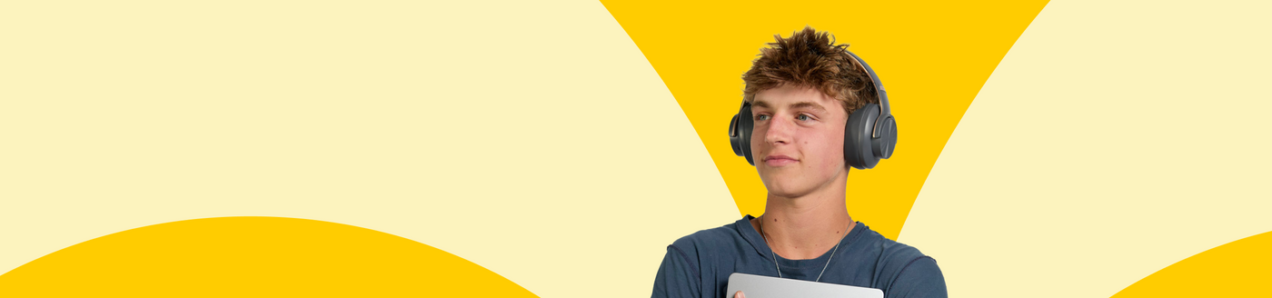 Person wearing headphones with a laptop on a yellow and beige background