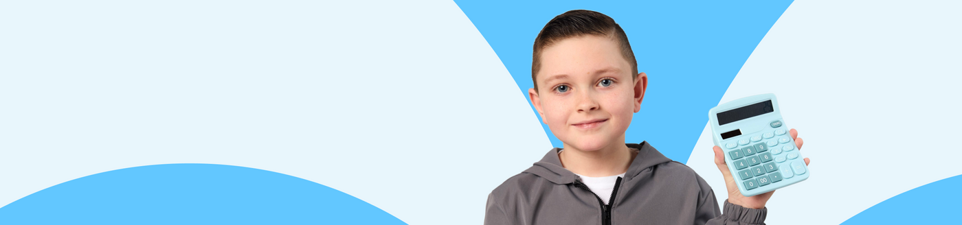 Young boy holding a calculator against a blue geometric background