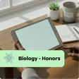 Person holding a tablet with 'Biology - Honors' text and atom icon on a desk.
