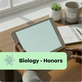 Person holding a tablet with 'Biology - Honors' text and atom icon on a desk.