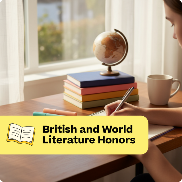 Person studying with books and a globe on a desk, with 'British and World Literature Honors' text overlay.