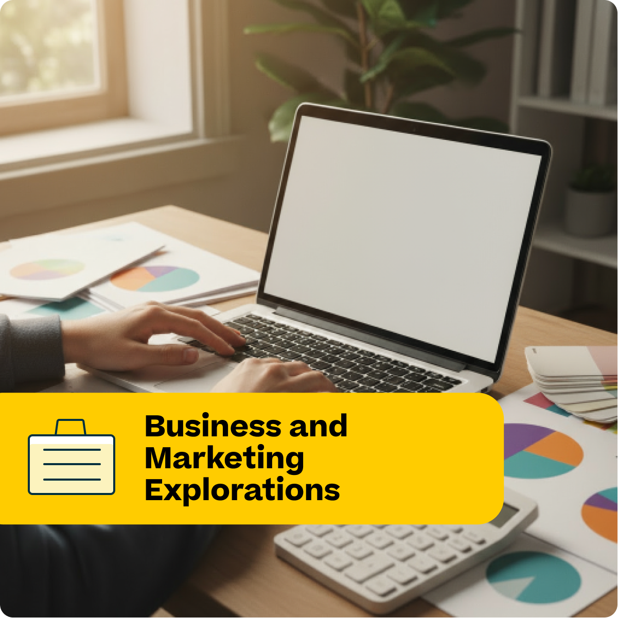 Person using a laptop with business materials on a desk, labeled 'Business and Marketing Explorations'.