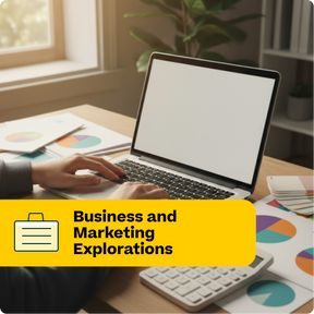 Person using a laptop with business materials on a desk, labeled 'Business and Marketing Explorations'.