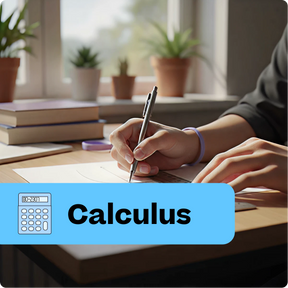 Person working on calculus problems with books and a calculator in the background