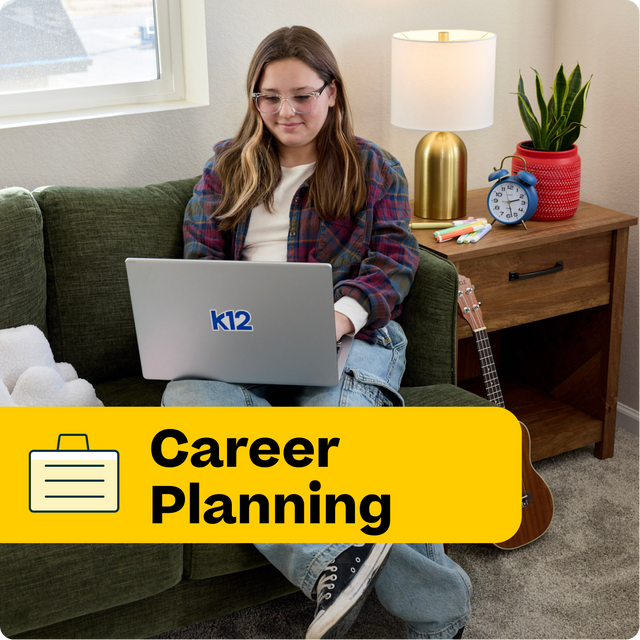 Person using a laptop with a 'k12' logo on a couch, with 'Career Planning' text overlay.