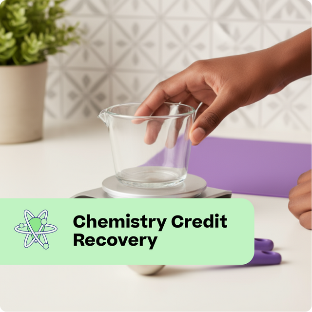 Person holding a beaker on a scale with 'Chemistry Credit Recovery' text overlay.