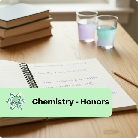 Open notebook with chemistry notes on a wooden table with two small containers of colored liquids.