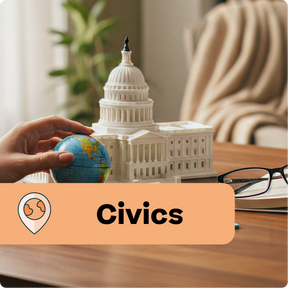 Model of a capitol building with a hand holding a globe on a desk, labeled 'Civics'.