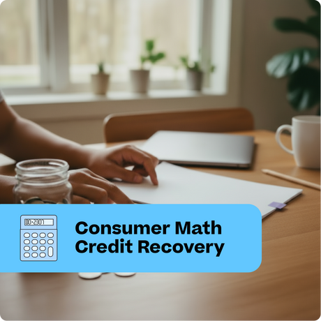 Person working on a math problem with a calculator, laptop, and cup of coffee on a desk.