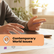 Person holding a pen with 'Contemporary World Issues' text overlay on a desk.