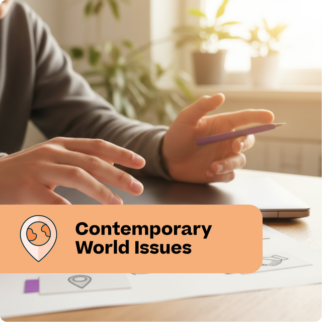 Person holding a pen with 'Contemporary World Issues' text overlay on a desk.