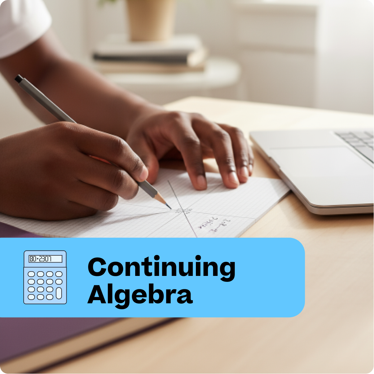 Person working on algebra problems with a calculator and laptop on a desk.