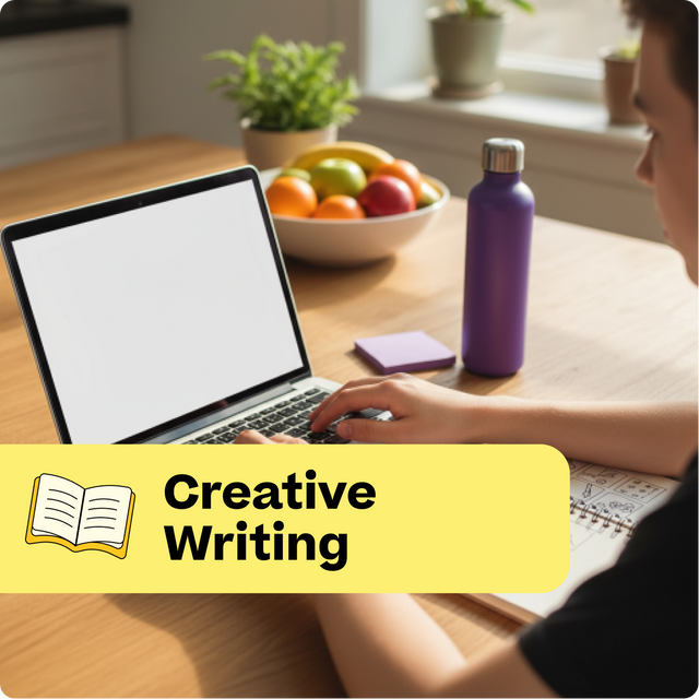 Person using a laptop with a bowl of fruit and purple water bottle on a table, labeled 'Creative Writing'.