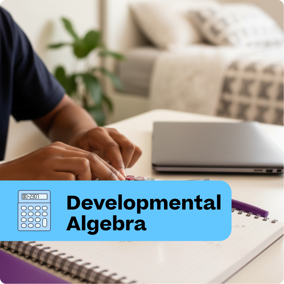 Person working on developmental algebra with a laptop and calculator on a table.