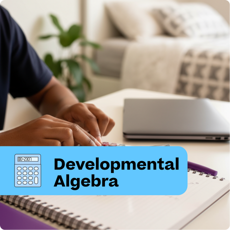 Person working on developmental algebra with a laptop and calculator on a table.