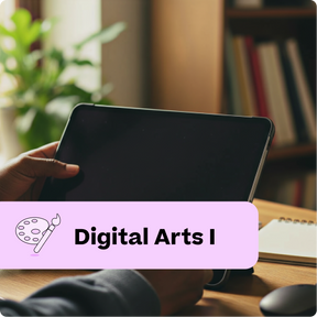 Person holding a tablet with 'Digital Arts I' text and icon on a desk with books and a plant in the background