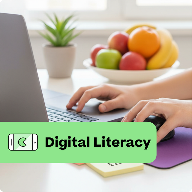 Person using a laptop with a bowl of fruit on a desk, labeled 'Digital Literacy'.
