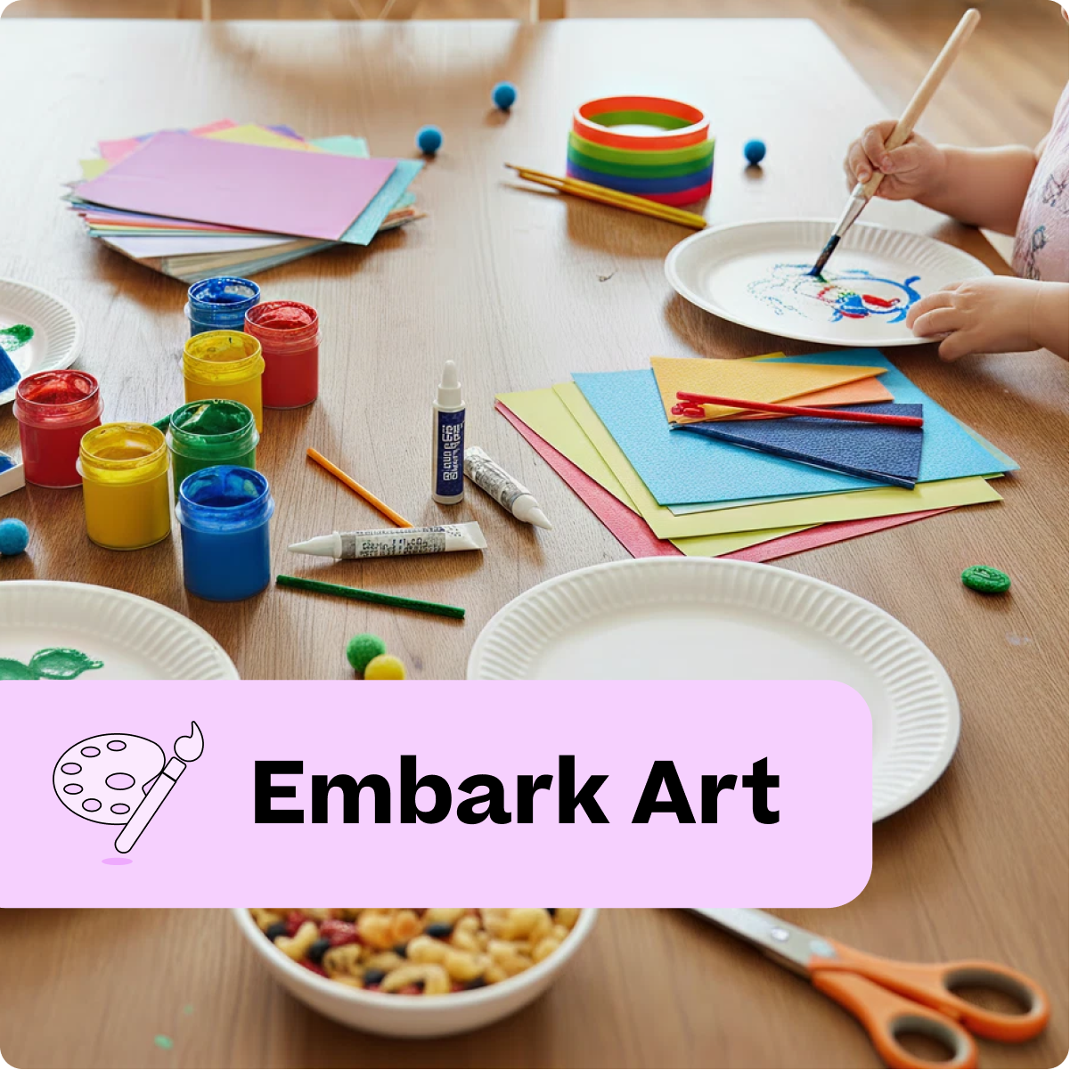 Children's art supplies on a table with 'Embarq Art' branding.