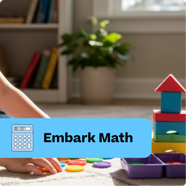 Child playing with colorful math toys on a carpeted floor, with 'Embark Math' branding.